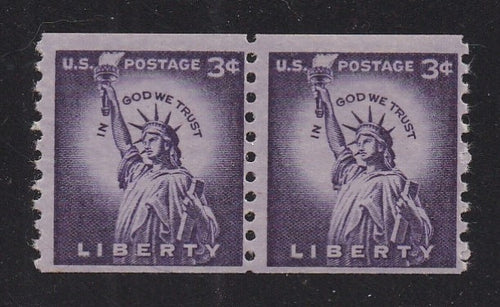 # 1057 (1954) Statue of Liberty, Wet Print, Lg Holes - Coil pr, Fine MNH