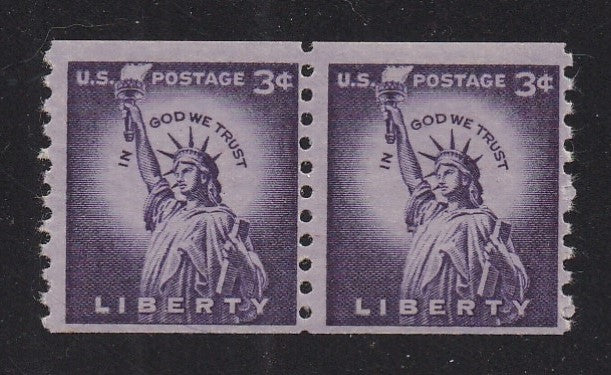 # 1057 (1954) Statue of Liberty, Wet Print, Lg Holes - Coil pr, Fine MNH