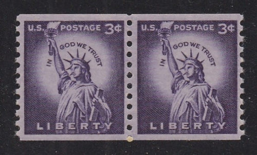 # 1057 (1954) Statue of Liberty, Wet Print, Lg Holes - Coil pr, MNH