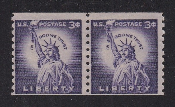# 1057 (1954) Statue of Liberty, Wet Print, Sm Holes - Coil pr, MNH -- RARE