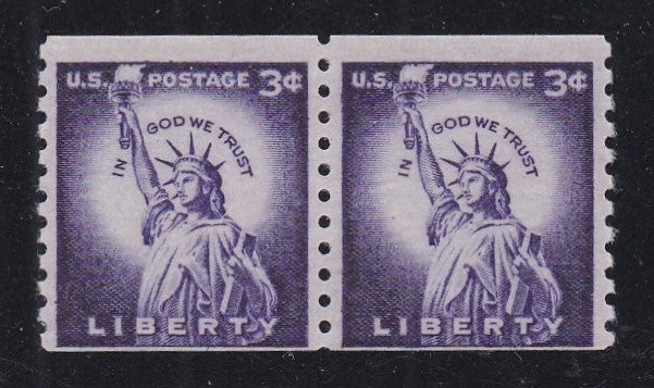 # 1057a (1958) Statue of Liberty, Dry Print, Sm Holes - Coil pr, Fine MNH