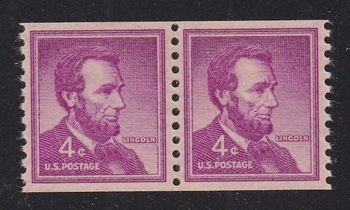 # 1058 (1958) Lincoln, Dry Print, Lg Holes - Coil pr, XF MNH