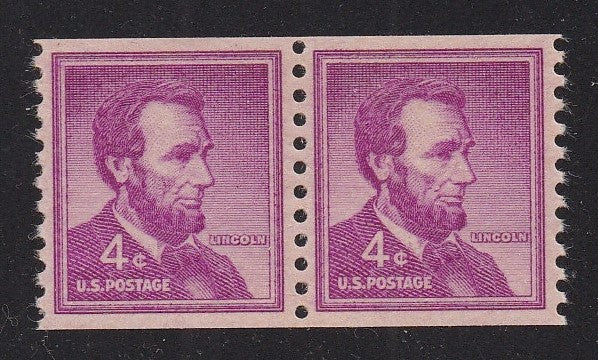# 1058 (1958) Lincoln, Dry Print, Lg Holes - Coil pr, XF MNH