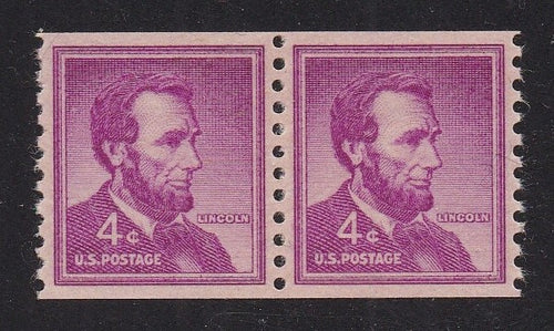 # 1058 (1958) Lincoln, Dry Print, Lg Holes - Coil pr, MNH
