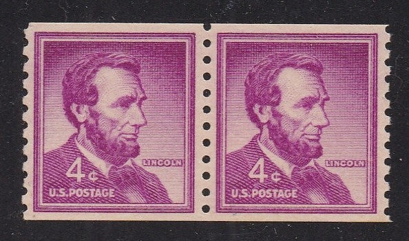# 1058 (1958) Lincoln, Dry Print, Sm Holes - Coil pr, XF MNH
