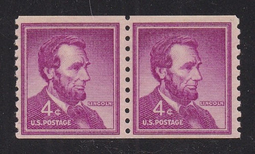 # 1058 (1958) Lincoln, Dry Print, Sm Holes - Coil pr, MNH