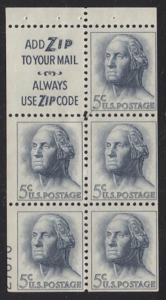 # 1213a (1964) Washington, S3, Not Tagged - Bklt pane, HB, 45% LL 27670, MNH [3]