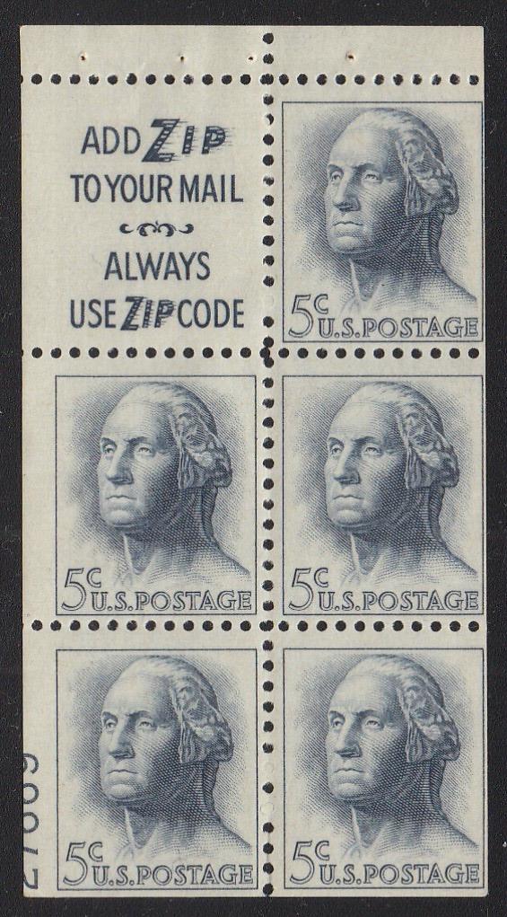 # 1213a (1964) Washington, S3, Not Tagged - Bklt pane, HB, 50% LL 27669, MNH [1]