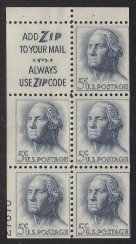 # 1213a (1964) Washington, S3, Not Tagged - Bklt pane, HB, 50% LL 27670, MNH [2]