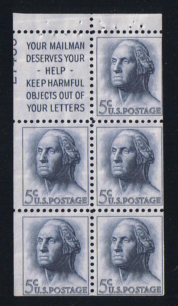 # 1213a (1962) Washington, S1, Not Tagged - Bklt pane, HB, 30% UL plt 27435, MNH