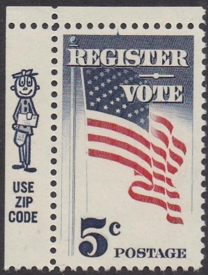 # 1249 (1964) Vote! - Mr Zip sgl, UL, MNH