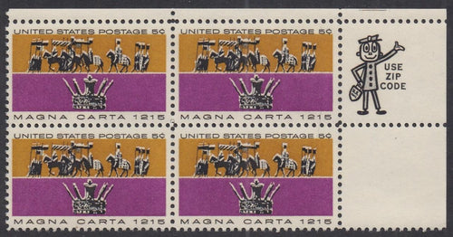# 1265 (1965) Magna Carta - Mr Zip BK/4, UR, XF MNH