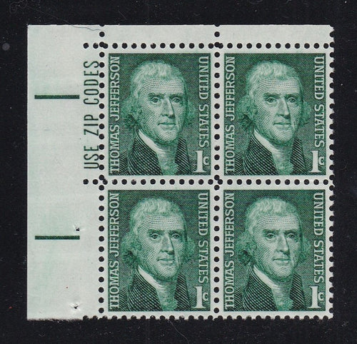 # 1278 (1968) Jefferson - Zip BK/4, UL, MNH
