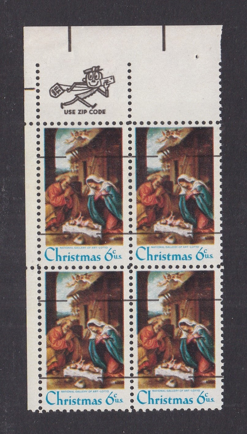 # 1414a (1970) Nativity, Type I, smooth gum, precancel - Mr. Zip, BK/4, UL, MNH