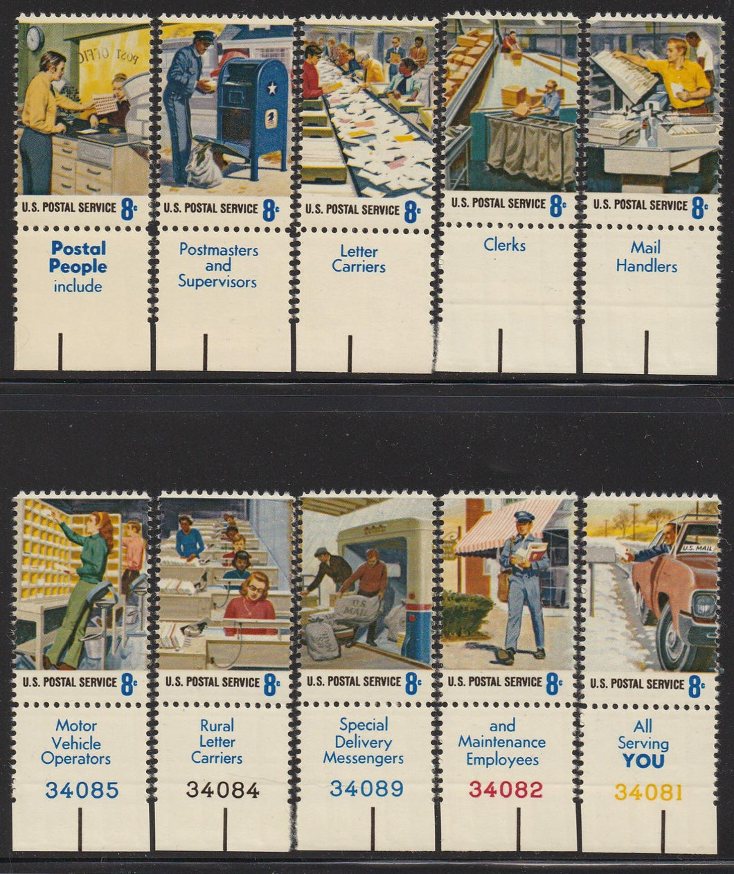# 1489-98 (1973) Postal Workers - Sgls, Set/10 w/Tabs, MNH