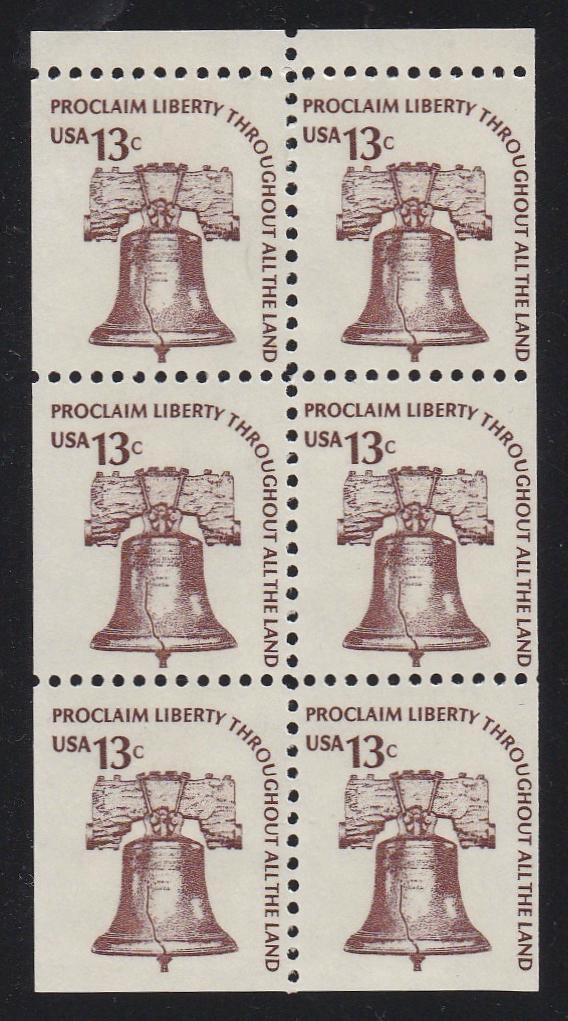 # 1595a (1975) Liberty Bell, DG, OA Tag, No Hole - Bklt pane, VF MNH [1]