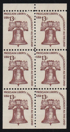 # 1595a (1975) Liberty Bell, DG, OA Tag, No Hole - Bklt pane, VF MNH [3]