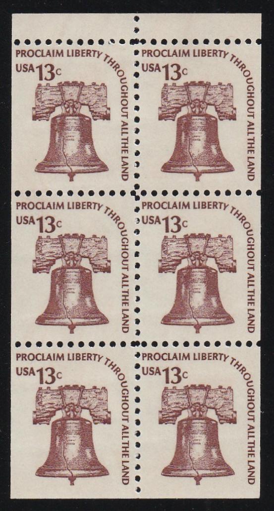 # 1595a (1975) Liberty Bell, DG, OA Tag, No Hole - Bklt pane, VF MNH [3]