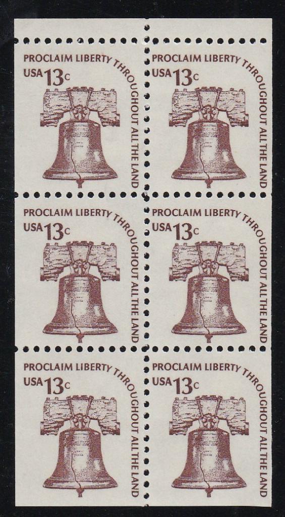 # 1595a (1975) Liberty Bell, DG, OA Tag, No Hole - Bklt pane, VF MNH [4]