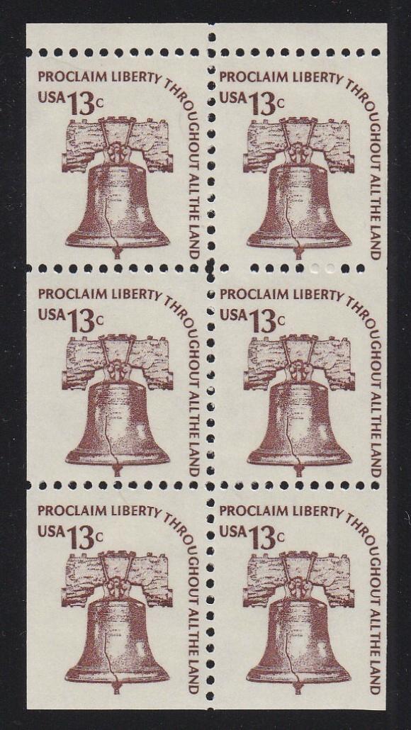 # 1595a (1975) Liberty Bell, DG, OA Tag, No Hole - Bklt pane, VF MNH [5]