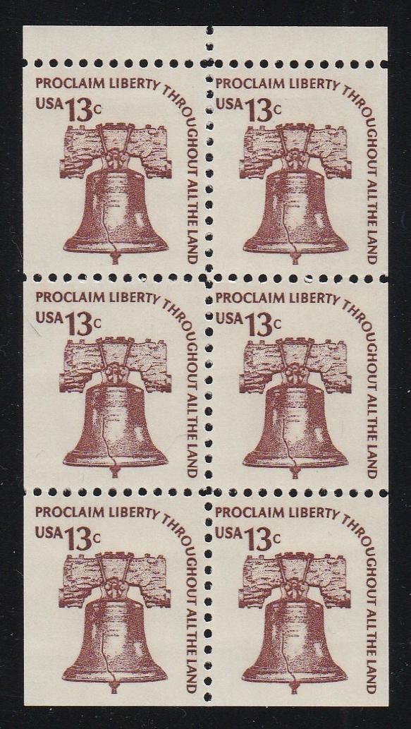 # 1595a (1975) Liberty Bell, DG, OA Tag, No Hole - Bklt pane, VF MNH [6]