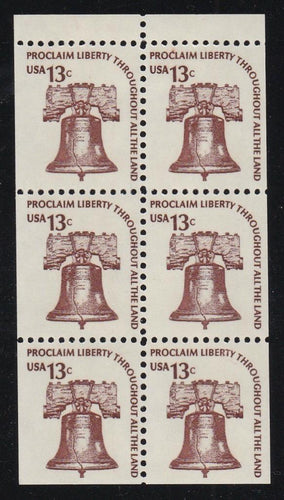 # 1595a (1975) Liberty Bell, DG, OA Tag, No Hole - Bklt pane, XF MNH