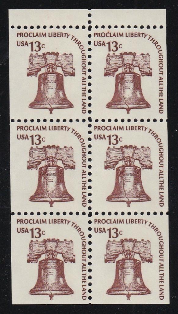 # 1595a (1975) Liberty Bell, DG, OA Tag, No Hole - Bklt pane, XF MNH