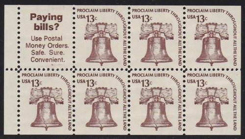 # 1595b (1975) Liberty Bell, DG, OA Tag, No Hole - Bklt pane, VF/XF MNH [1]