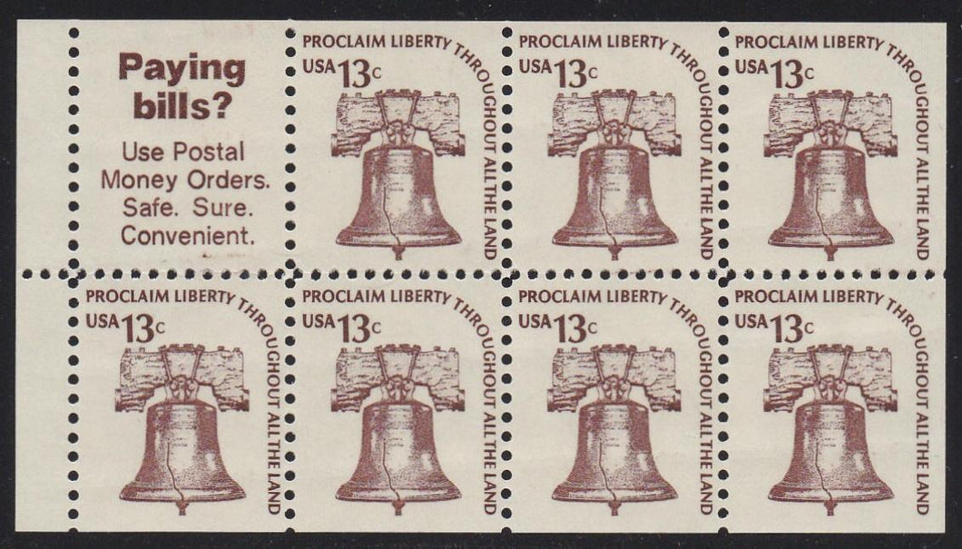 # 1595b (1975) Liberty Bell, DG, OA Tag, No Hole - Bklt pane, VF/XF MNH [1]