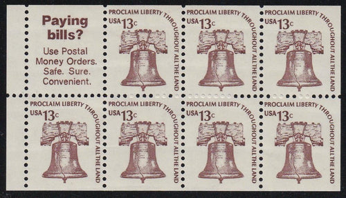 # 1595b (1975) Liberty Bell, DG, OA Tag, No Hole - Bklt pane, VF/XF MNH [2]