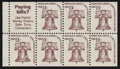 # 1595b (1975) Liberty Bell, DG, OA Tag, No Hole - Bklt pane, VF/XF MNH [3]