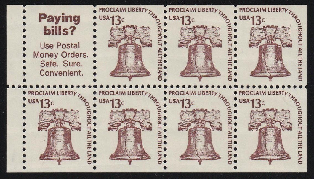 # 1595b (1975) Liberty Bell, DG, OA Tag, No Hole - Bklt pane, VF/XF MNH [3]