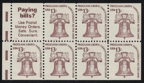 # 1595b (1975) Liberty Bell, DG, OA Tag, V EE, No Hole - Bklt pane, VF/XF MNH
