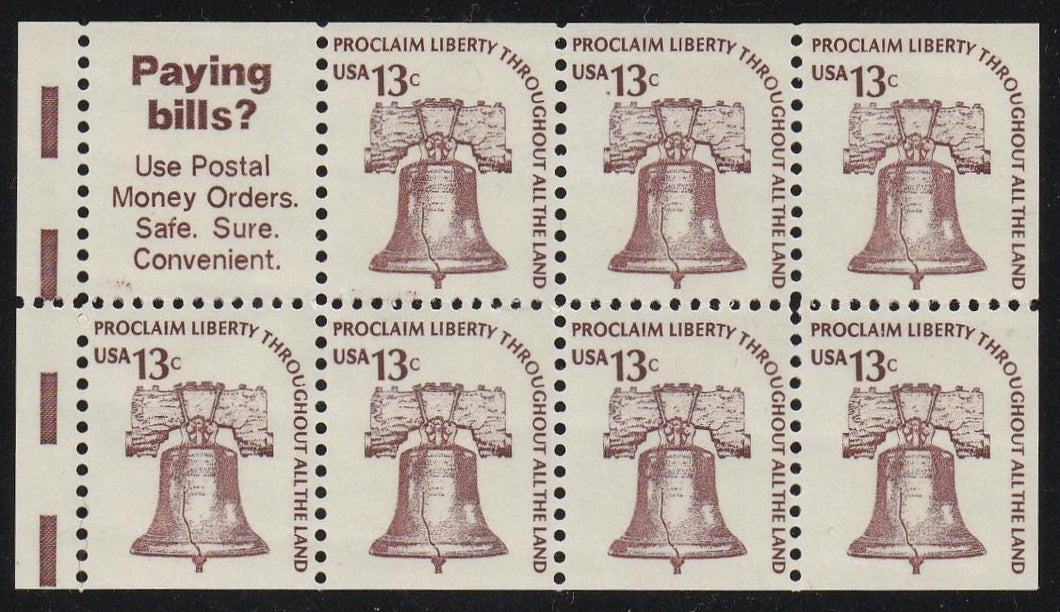 # 1595b (1975) Liberty Bell, DG, OA Tag, V EE, No Hole - Bklt pane, VF/XF MNH
