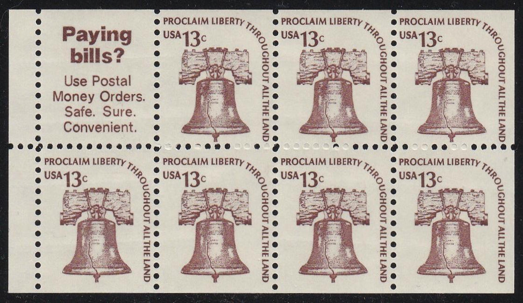# 1595b (1975) Liberty Bell, DG, OA Tag, No Hole - Bklt pane, VF MNH [3]