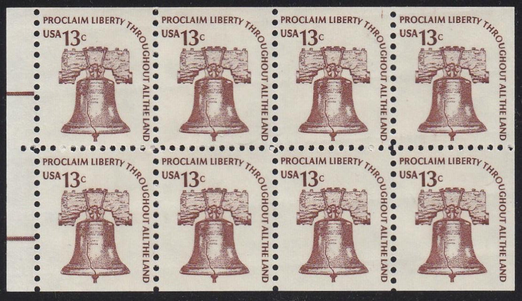 # 1595c (1975) Liberty Bell, DG, OA Tag, H EE, No Hole - Bklt pane, VF/XF MNH
