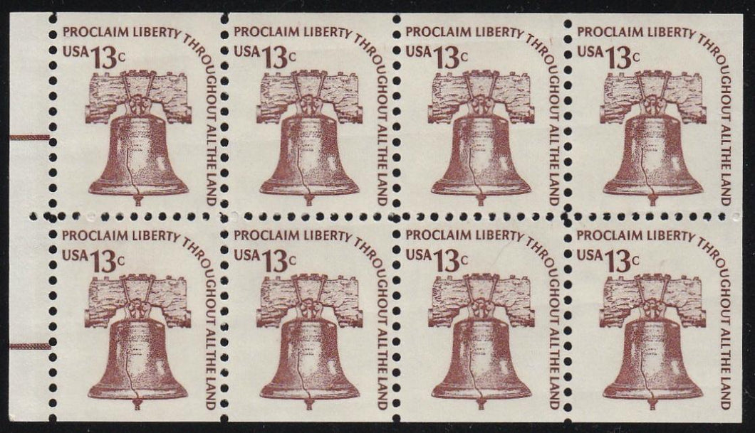 # 1595c (1975) Liberty Bell, DG, OA Tag, H EE, No Hole - Bklt pane, XF MNH [2]