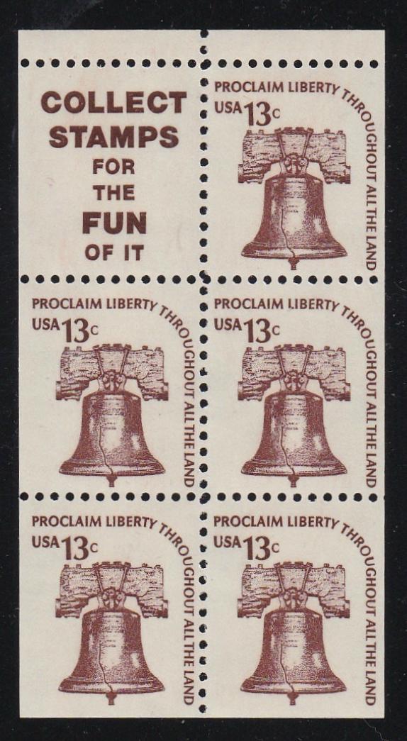 # 1595d (1976) Liberty Bell, S9, DG, OA Tag, Intaglio, No Hole - Bklt pane, VF/XF MNH [1]