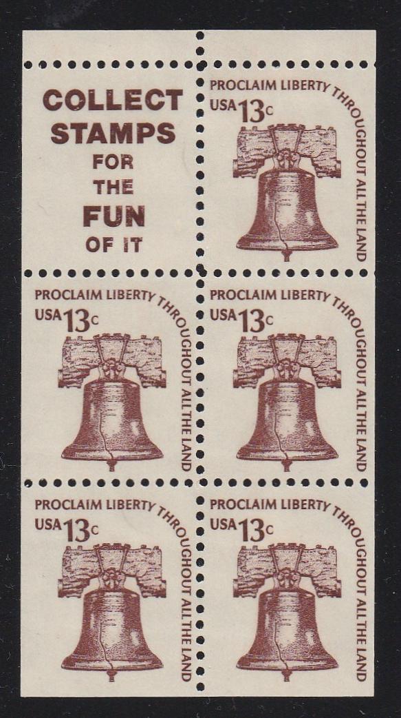 # 1595d (1976) Liberty Bell, S9, DG, OA Tag, Intaglio, No Hole - Bklt pane, VF/XF MNH [2]