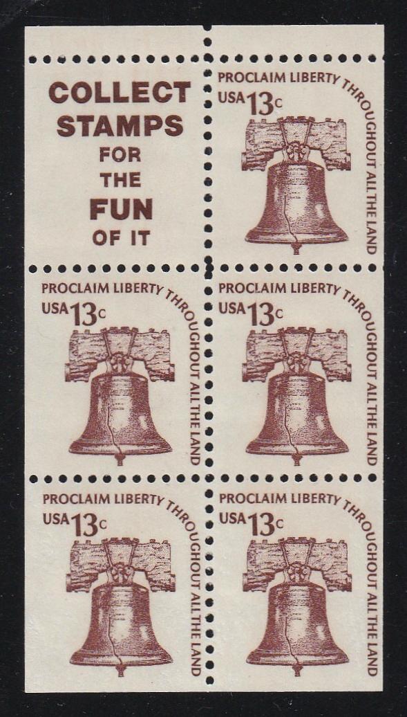 # 1595d (1976) Liberty Bell, S9, DG, OA Tag, Intaglio, No Hole - Bklt pane, XF MNH [4]