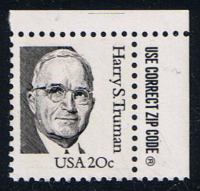 # 1862a (1984) Truman, LB tag, DG, perf 11.2 - Zip sgl, UR, MNH