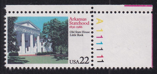 # 2167 (1986) Arkansas - Plt sgl, UR #A111111, MNH