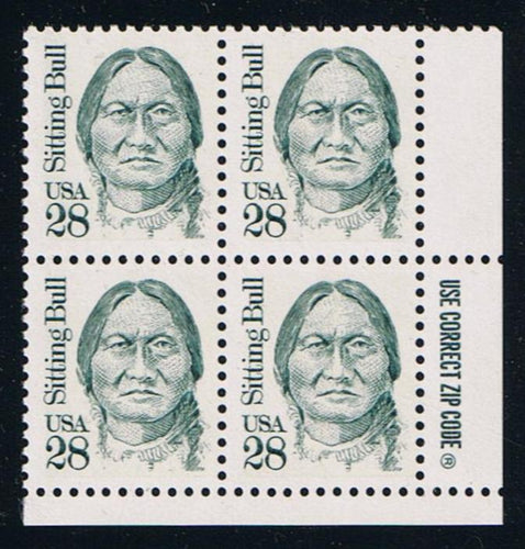 # 2183 (1989) Sitting Bull, Myrtle Green, LB tag, DG, perf 11 - Zip BK/4, LR, MNH