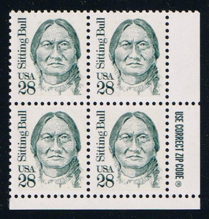 # 2183 (1989) Sitting Bull, Myrtle Green, LB tag, DG, perf 11 - Zip BK/4, LR, MNH