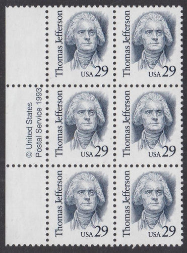 # 2185 (1993) Jefferson, Indigo, SP tag, LGG, perf 11.5 x 11 - Copy BK/6, L, MNH