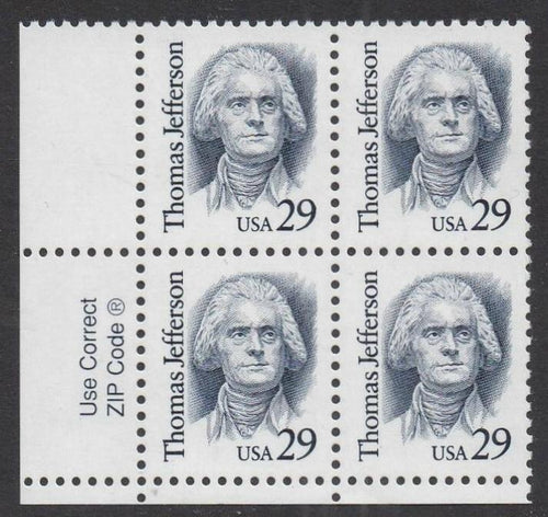 # 2185 (1993) Jefferson, Indigo, SP tag, LGG, perf 11.5 x 11 - Zip BK/4, LL, XF MNH