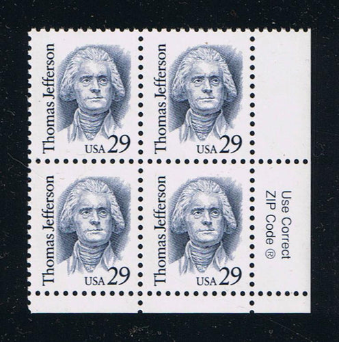 # 2185 (1993) Jefferson, Indigo, SP tag, LGG, perf 11.5 x 11 - Zip BK/4, LR, MNH