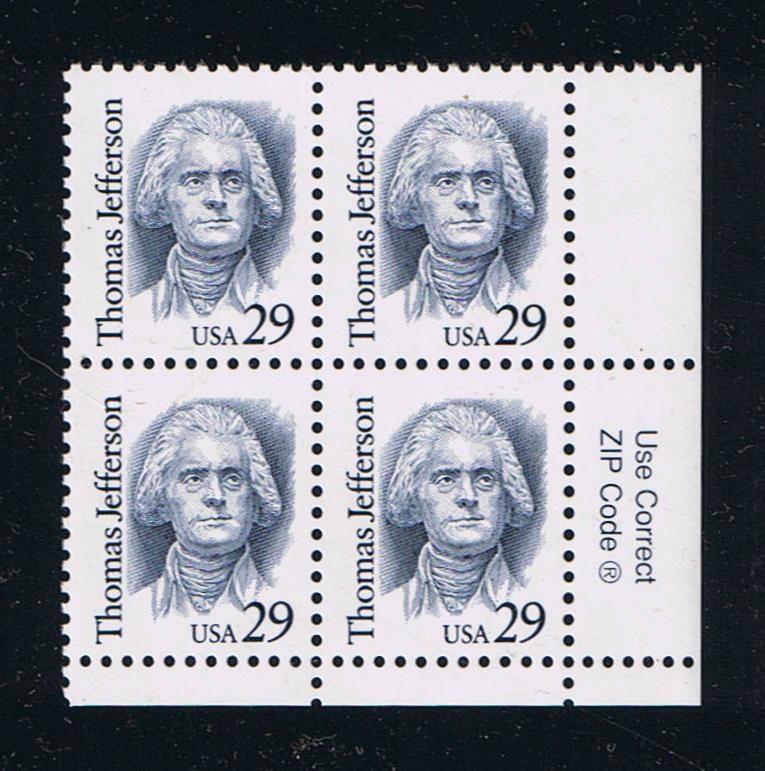 # 2185 (1993) Jefferson, Indigo, SP tag, LGG, perf 11.5 x 11 - Zip BK/4, LR, MNH