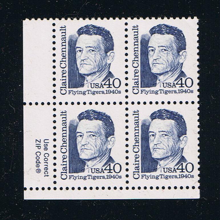 # 2187 (1990) Chennault, Dark Blue, OA tag, DG, perf 11 - Zip BK/4, LL, MNH