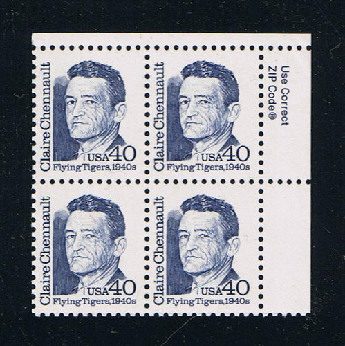 # 2187 (1990) Chennault, Dark Blue, OA tag, DG, perf 11 - Zip BK/4, UR, MNH